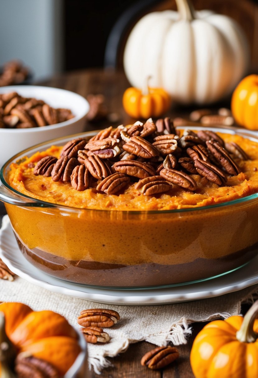 A golden-brown sweet potato casserole topped with a layer of crunchy pecans, sitting on a festive Thanksgiving table