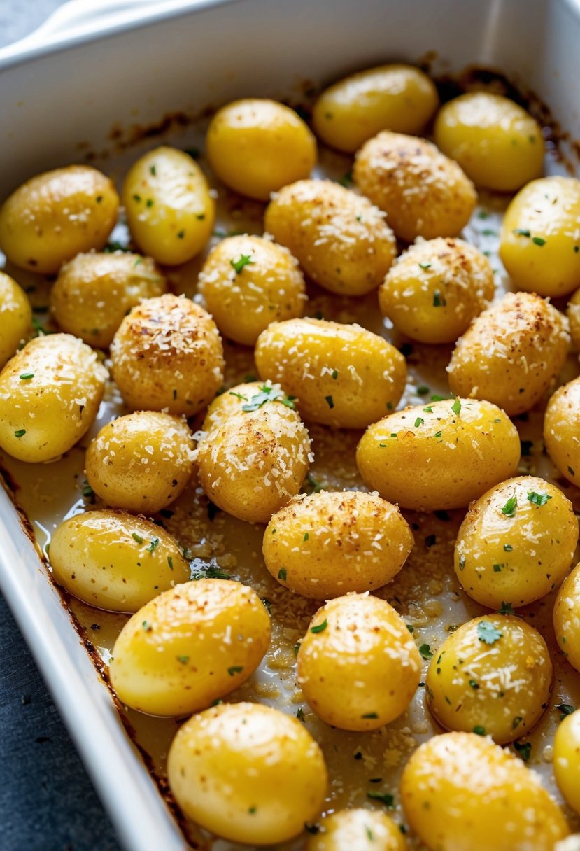 Golden potatoes coated in garlic and parmesan, roasting in a baking dish