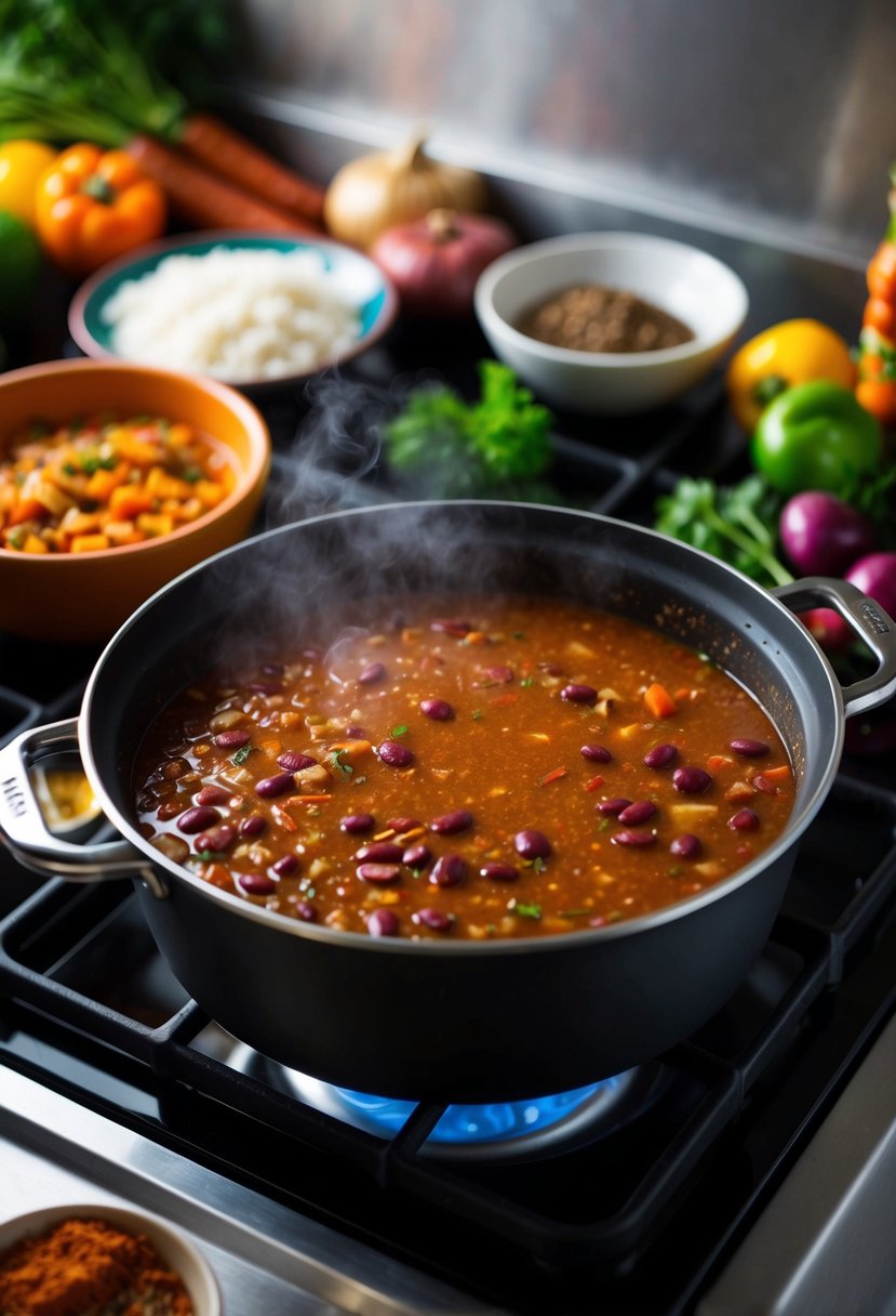 A steaming pot of red bean gumbo simmering on a stovetop, surrounded by colorful vegetables and aromatic spices