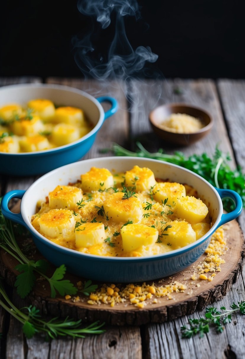 A rustic wooden table set with a steaming dish of cheesy scalloped potatoes, surrounded by fresh herbs and a scattering of golden breadcrumbs