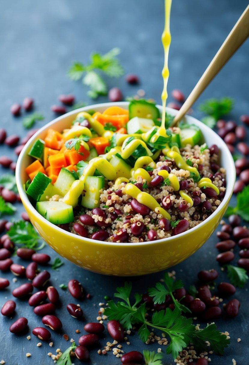 A colorful bowl of quinoa and kidney bean salad with fresh vegetables and a drizzle of vinaigrette, surrounded by scattered beans and herbs