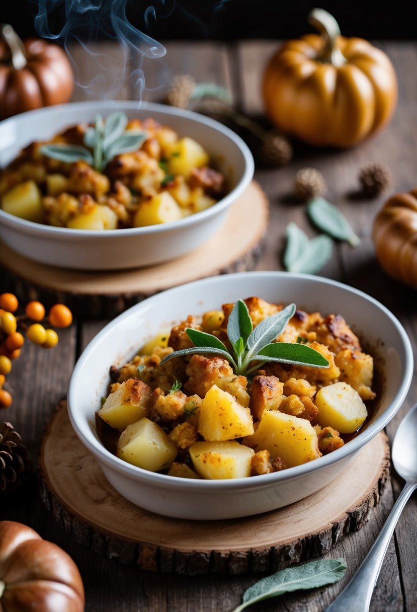 A rustic wooden table set with a steaming dish of potato stuffing, garnished with fresh sage leaves and surrounded by autumnal decorations