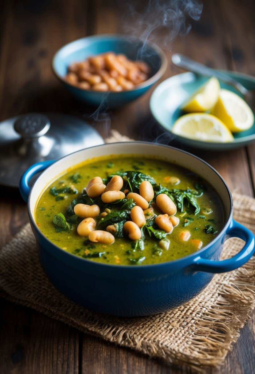 A steaming pot of butter bean and spinach curry, filled with vibrant colors and rich aromas, sits on a rustic wooden table