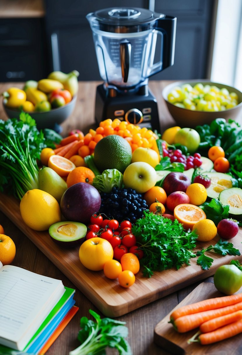 A colorful array of fresh fruits and vegetables arranged on a wooden cutting board, surrounded by recipe books and a blender