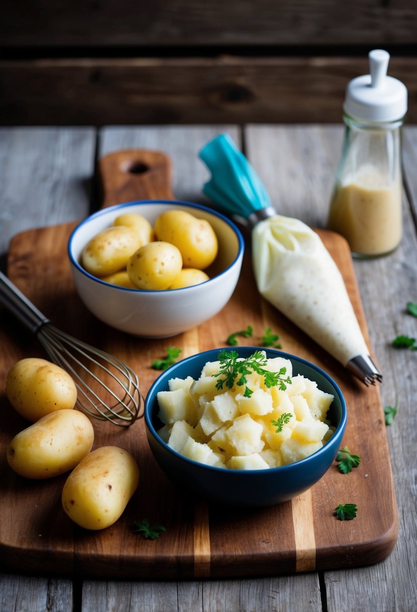 A rustic kitchen scene with a wooden cutting board, a bowl of peeled potatoes, a whisk, and a piping bag filled with Duchess Potato mixture