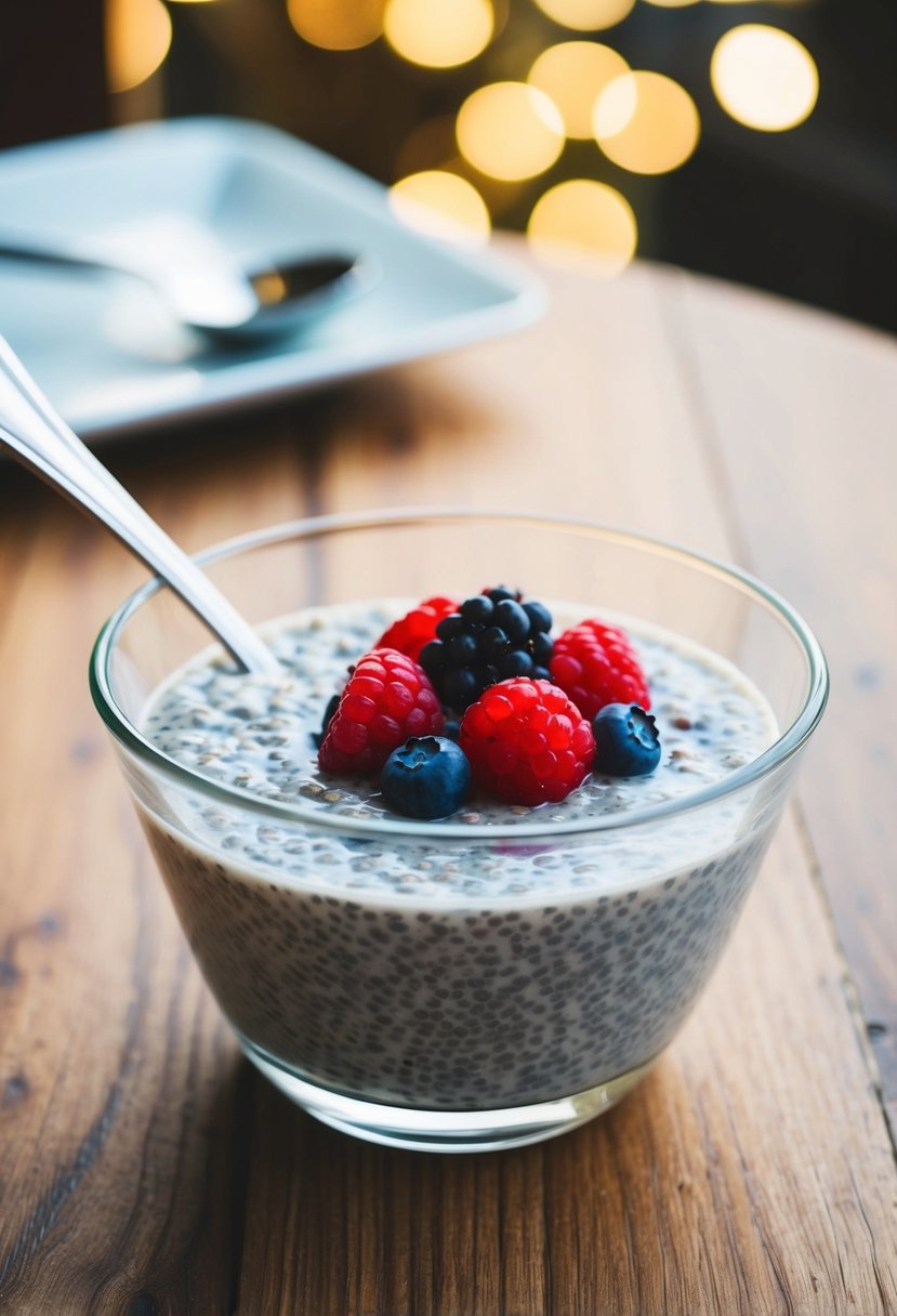 A glass bowl of chia pudding topped with almond milk and fresh berries on a wooden table