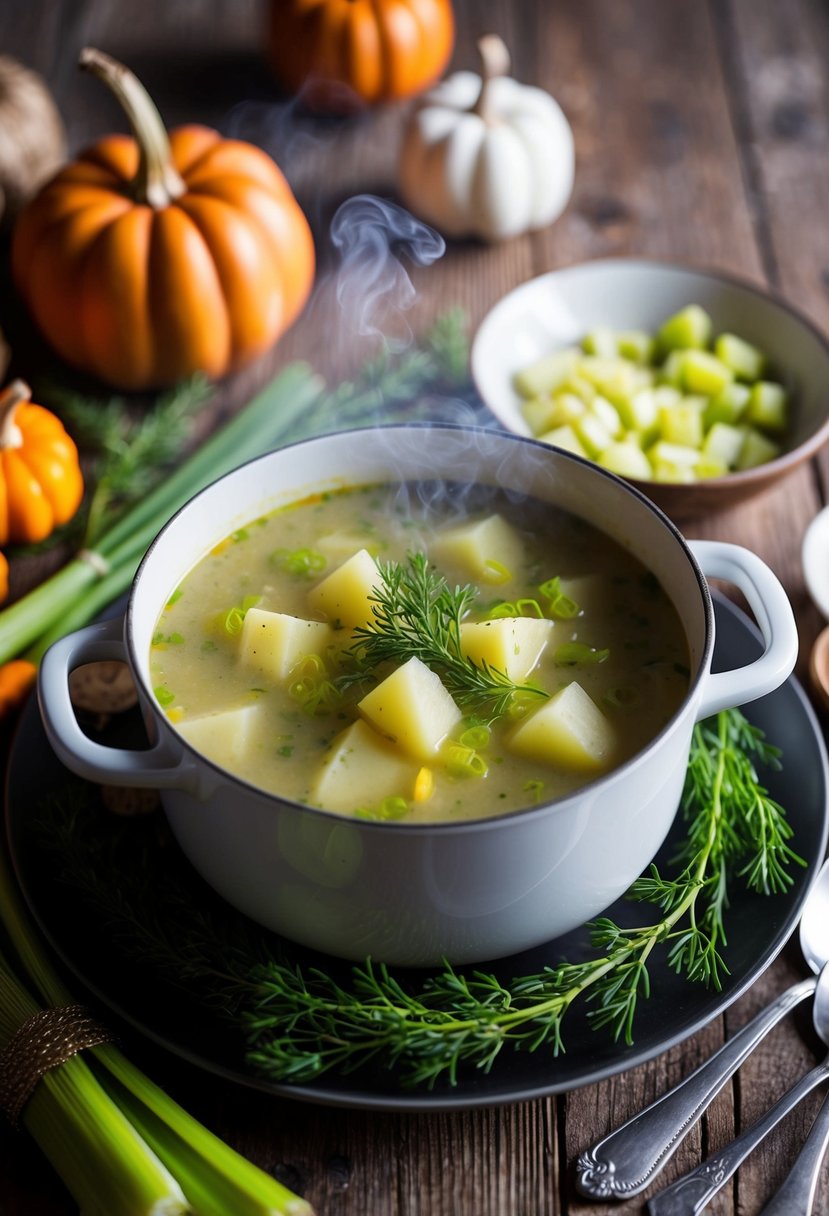 A steaming pot of potato and leek soup sits on a rustic wooden table, surrounded by fresh ingredients and a festive Thanksgiving centerpiece