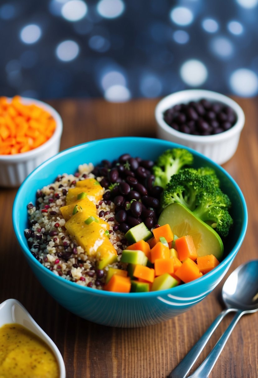 A colorful bowl filled with quinoa, black beans, and vibrant vegetables, topped with a zesty dressing