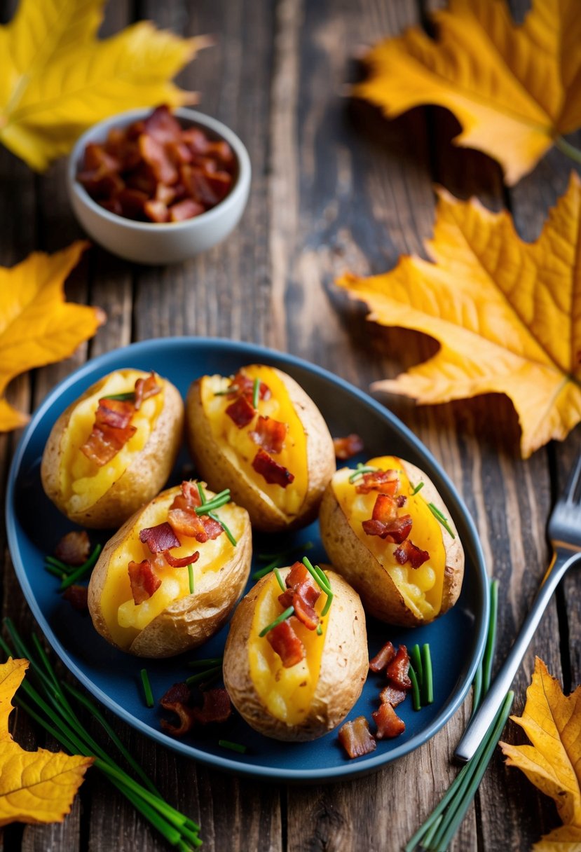 A rustic wooden table with a platter of golden brown twice-baked potatoes, garnished with chives and crispy bacon bits, surrounded by autumn leaves