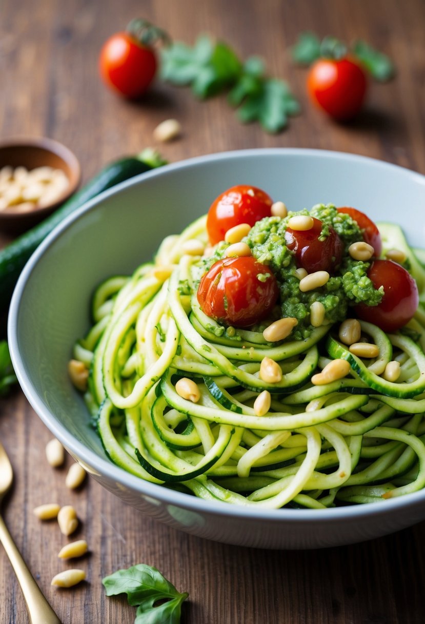 A bowl of raw zucchini noodles topped with pesto sauce and garnished with pine nuts and cherry tomatoes on a wooden table