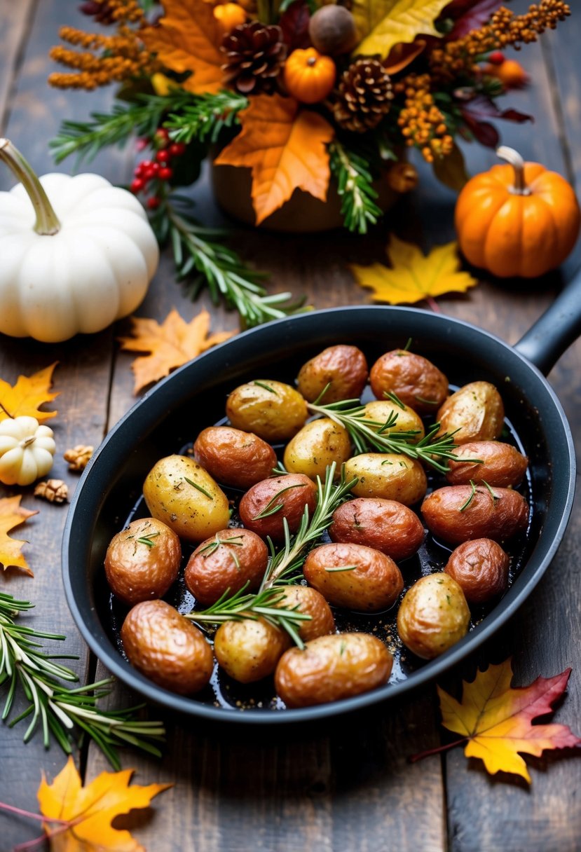 A pan of rosemary roasted red potatoes sits on a rustic wooden table, surrounded by autumn leaves and a festive Thanksgiving centerpiece