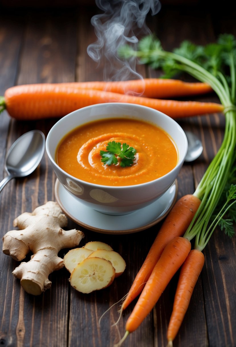 A steaming bowl of Carrot Ginger Soup surrounded by fresh carrots and ginger root