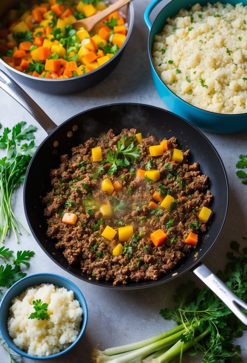 A sizzling skillet of ground beef surrounded by colorful vegetables and herbs, with a steaming pot of cauliflower rice nearby