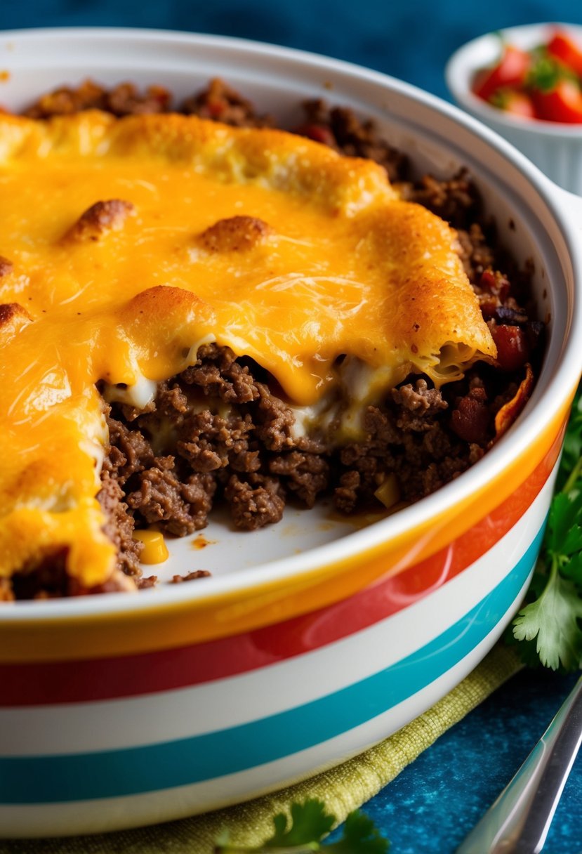 A colorful casserole dish filled with layers of seasoned ground beef, cheese, and keto-friendly taco ingredients, topped with a golden brown crust