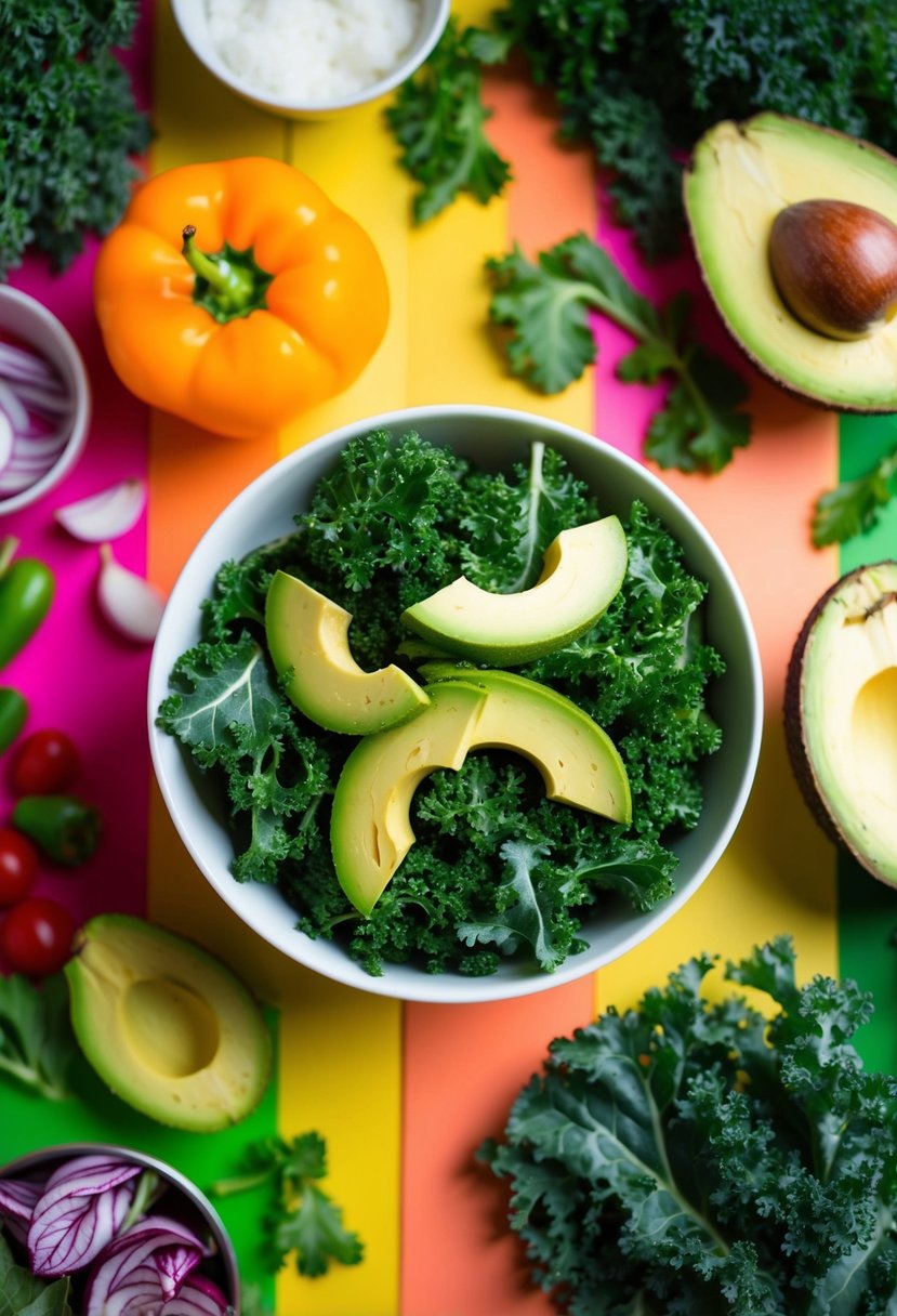 A bowl of kale and avocado salad surrounded by fresh ingredients and a vibrant, colorful backdrop