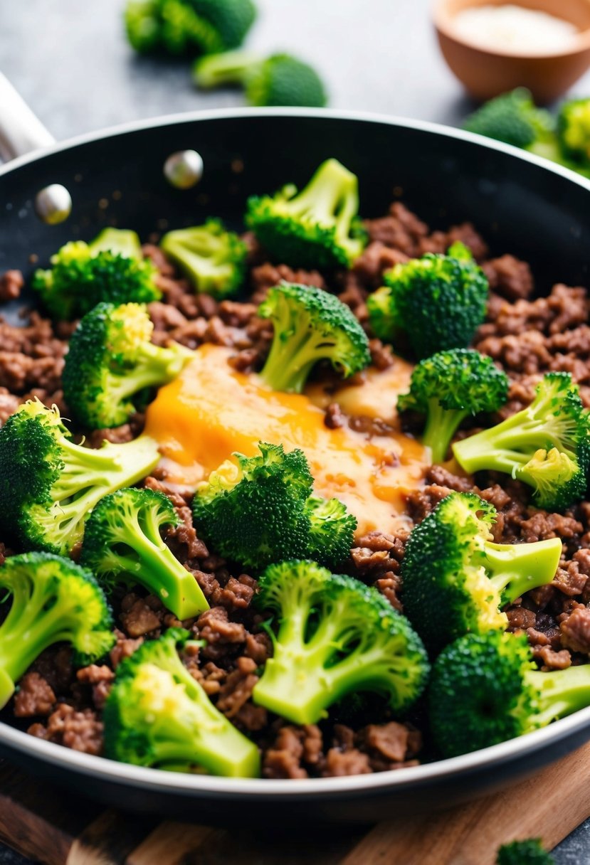 A skillet sizzling with ground beef, surrounded by vibrant green broccoli florets and melted cheese