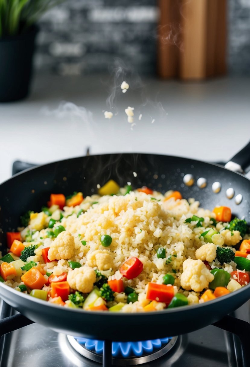 A sizzling pan of colorful vegetables and cauliflower rice cooking over a hot stove