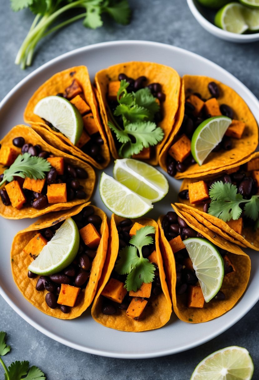 A colorful array of sweet potato and black bean tacos arranged on a plate, garnished with fresh cilantro and lime wedges