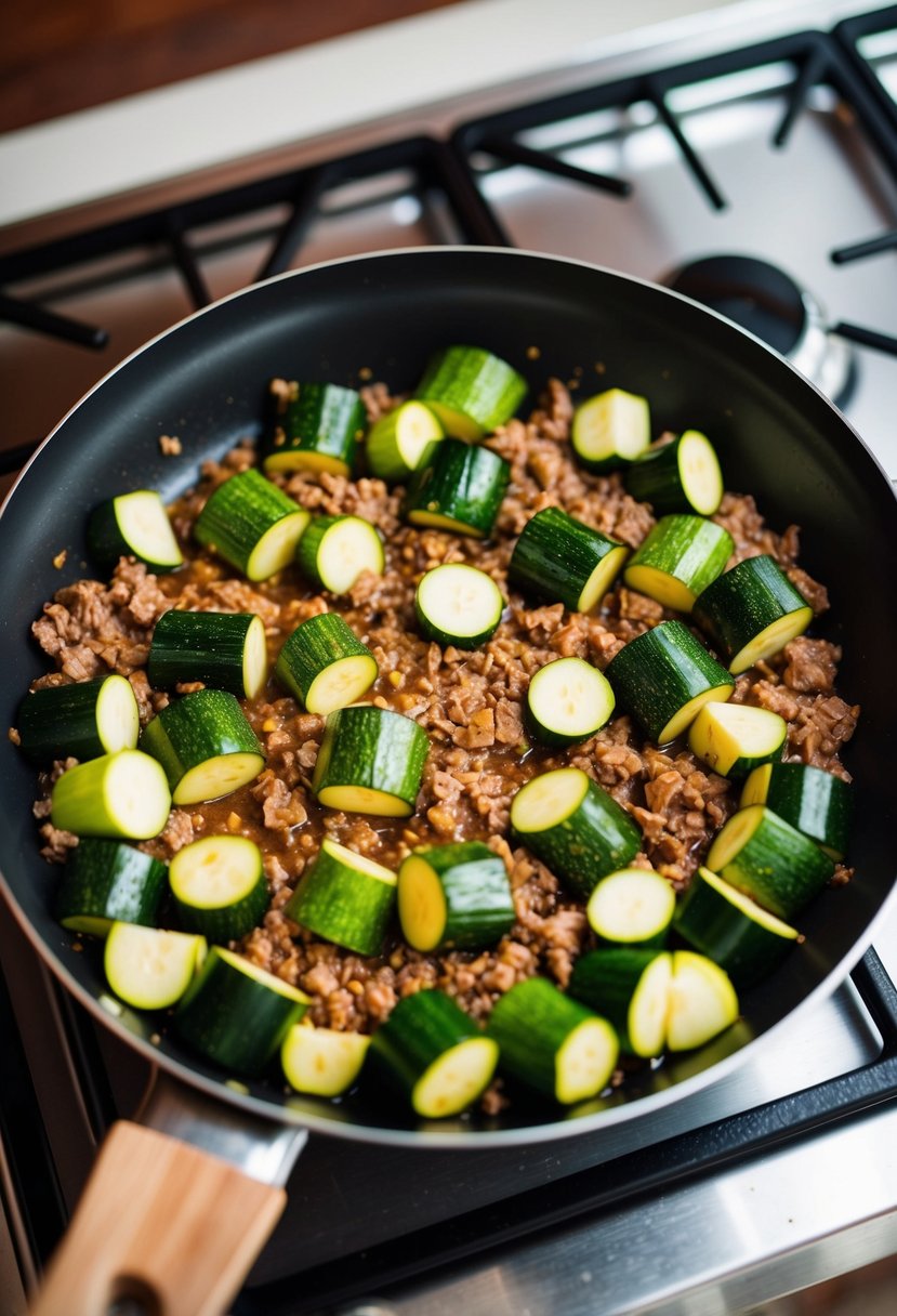 A skillet with zucchini and ground beef cooking on a stovetop