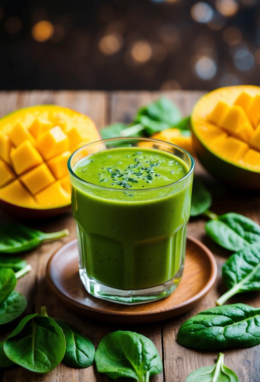 A glass filled with a vibrant green smoothie surrounded by fresh mangoes and spinach leaves on a wooden table