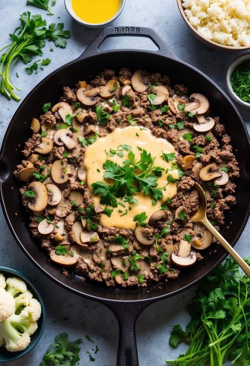 A skillet sizzling with ground beef, mushrooms, and creamy sauce, surrounded by keto-friendly ingredients like cauliflower rice and fresh herbs