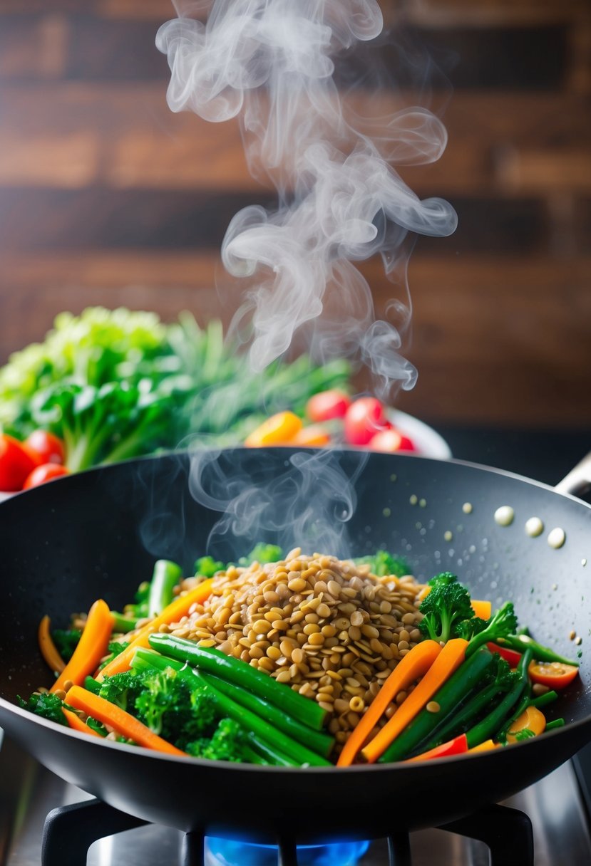 A colorful array of fresh vegetables and lentils sizzling in a wok, steam rising as they are tossed together in a stir-fry