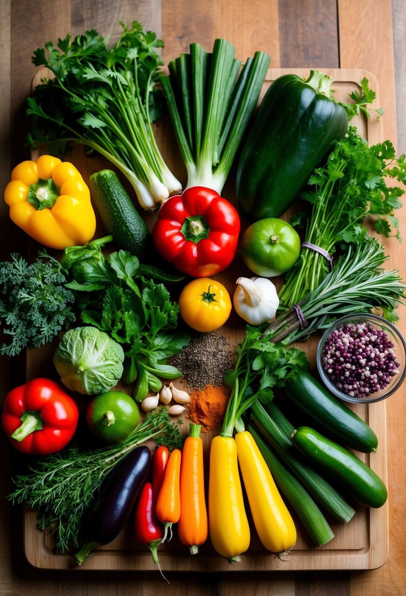 A colorful array of fresh vegetables, herbs, and spices arranged on a wooden cutting board, ready to be used in creating delicious no salt diet recipes