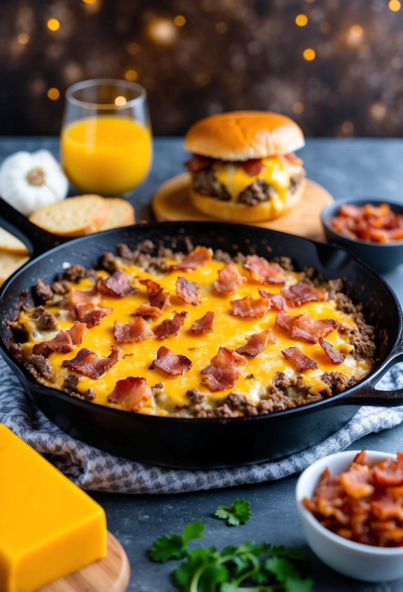 A sizzling skillet of bacon cheeseburger casserole, with layers of ground beef, cheese, and crispy bacon, surrounded by keto-friendly ingredients