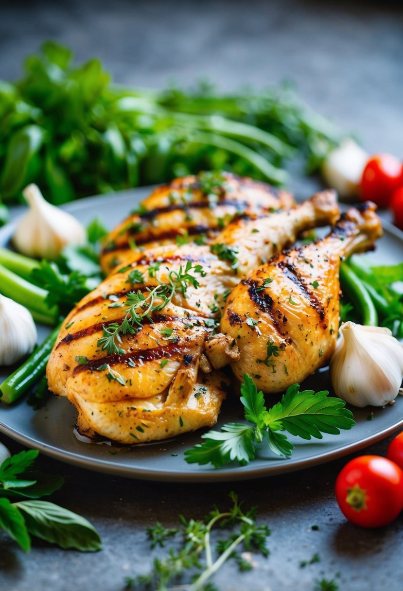 A plate of grilled chicken with garlic and herbs, surrounded by fresh vegetables and herbs