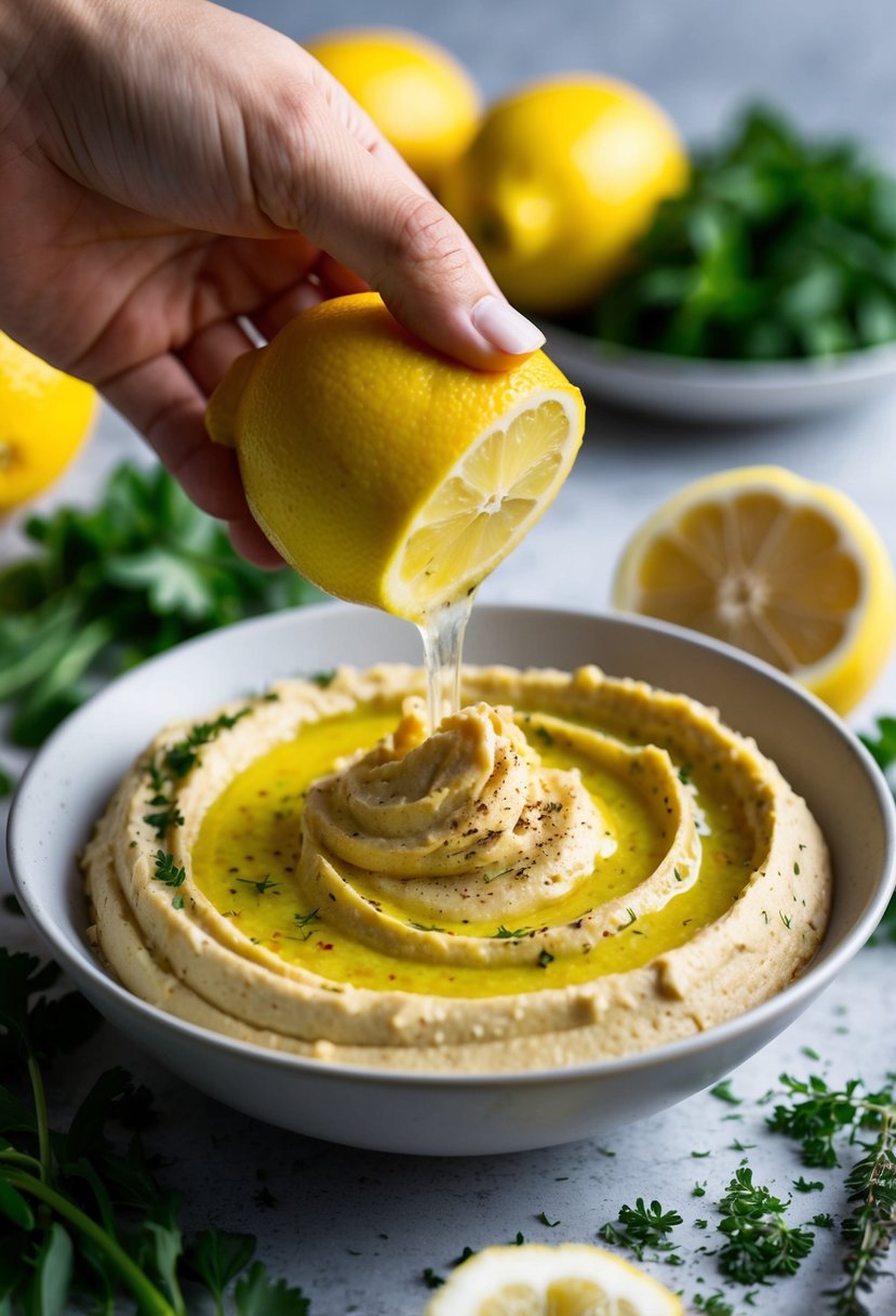 A vibrant yellow lemon being squeezed into a bowl of hummus, surrounded by fresh herbs and spices