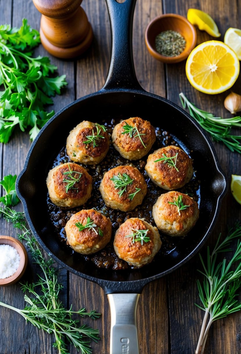 A sizzling skillet of keto Italian meatballs, surrounded by fresh herbs and spices, ready to be served as a delicious low-carb meal