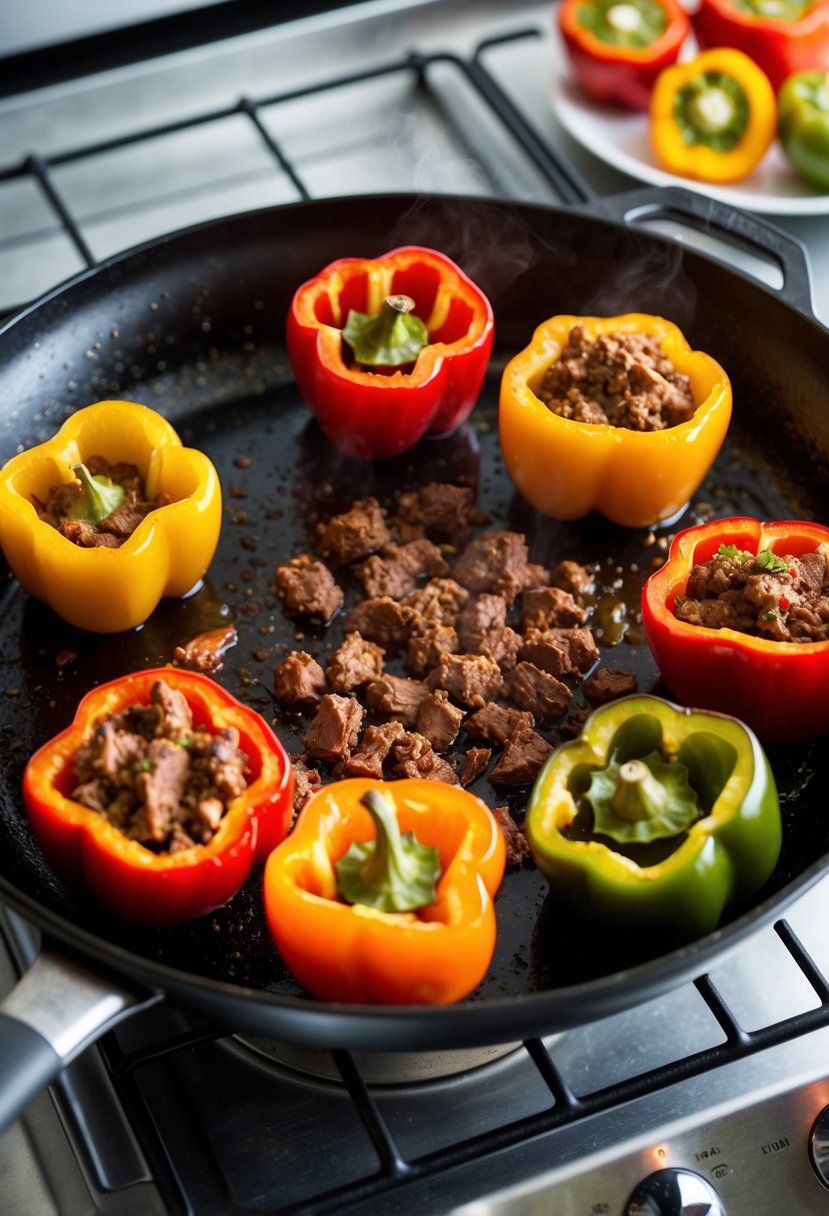 A skillet sizzles as beef and spices cook. Bell peppers are hollowed out, filled, and baked in the oven