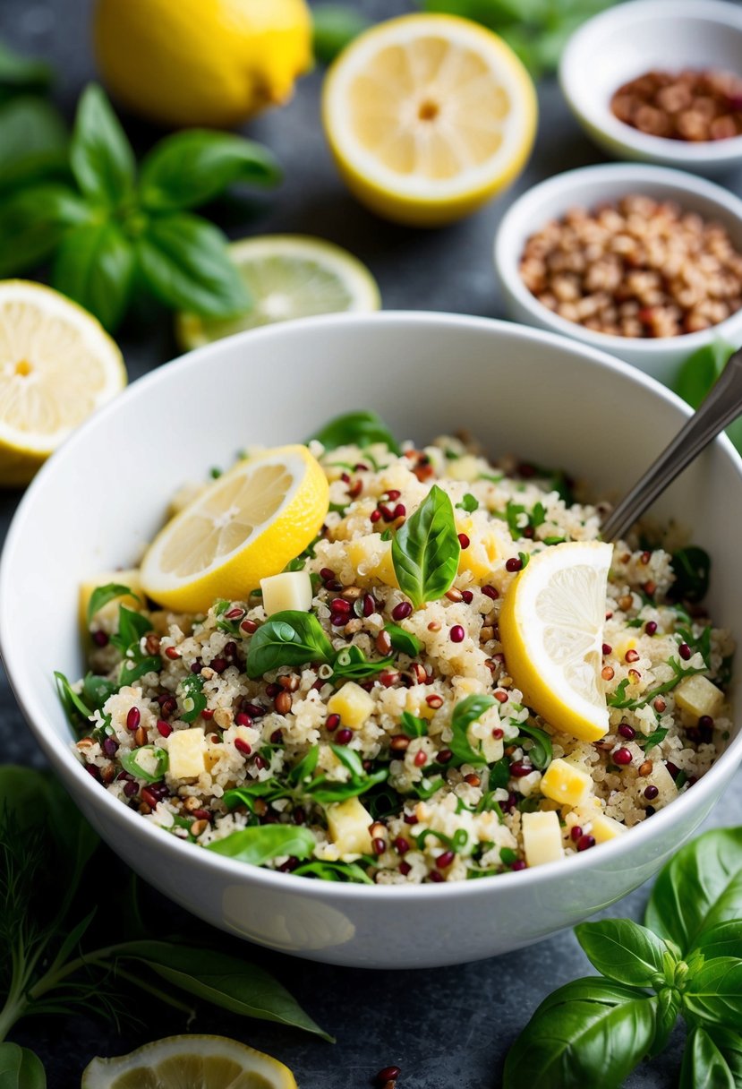 A bowl of lemon basil quinoa salad surrounded by fresh ingredients and herbs