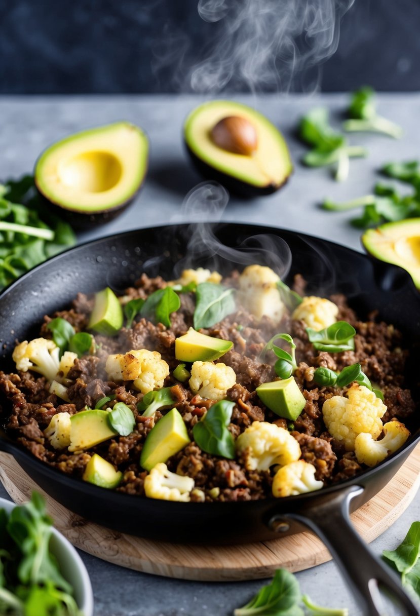 A sizzling skillet filled with ground beef and cauliflower hash, steam rising, surrounded by keto-friendly ingredients like avocado and greens