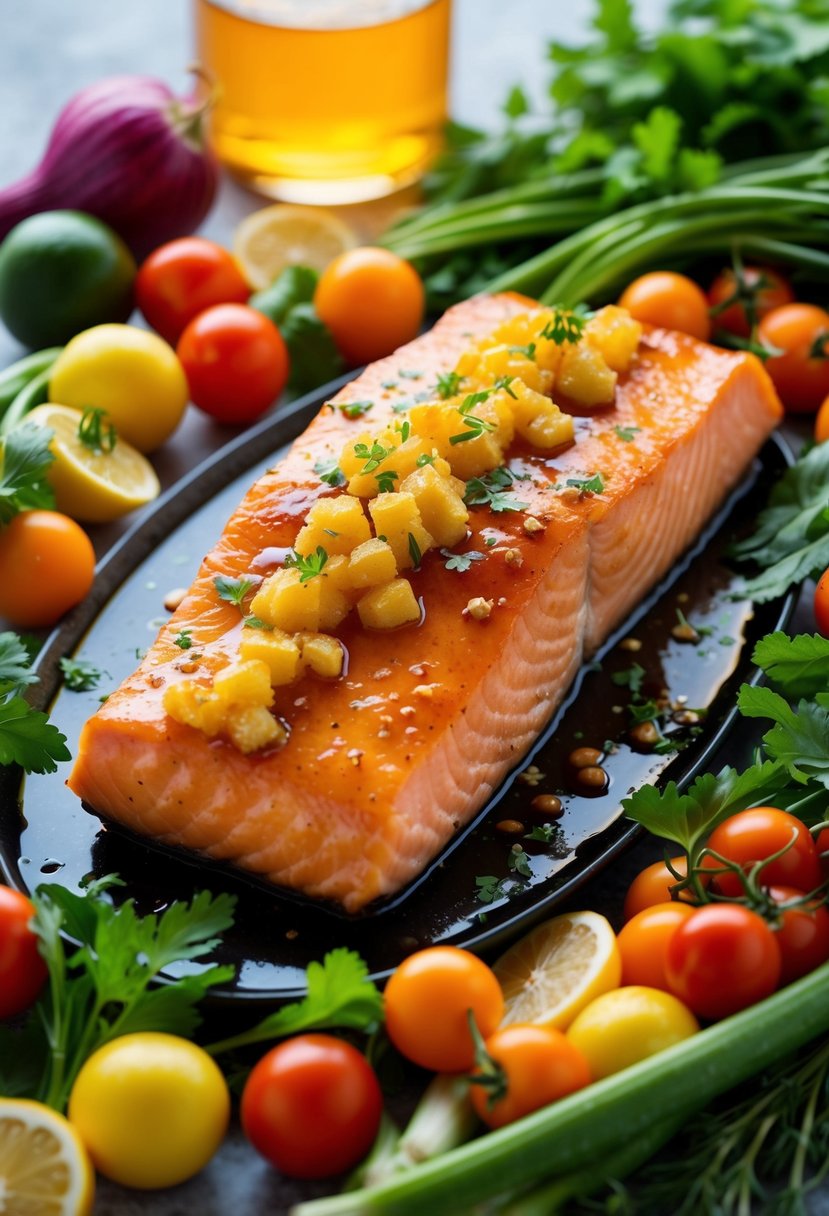 A golden-brown salmon fillet topped with honey-ginger glaze, surrounded by a colorful array of fresh vegetables and herbs