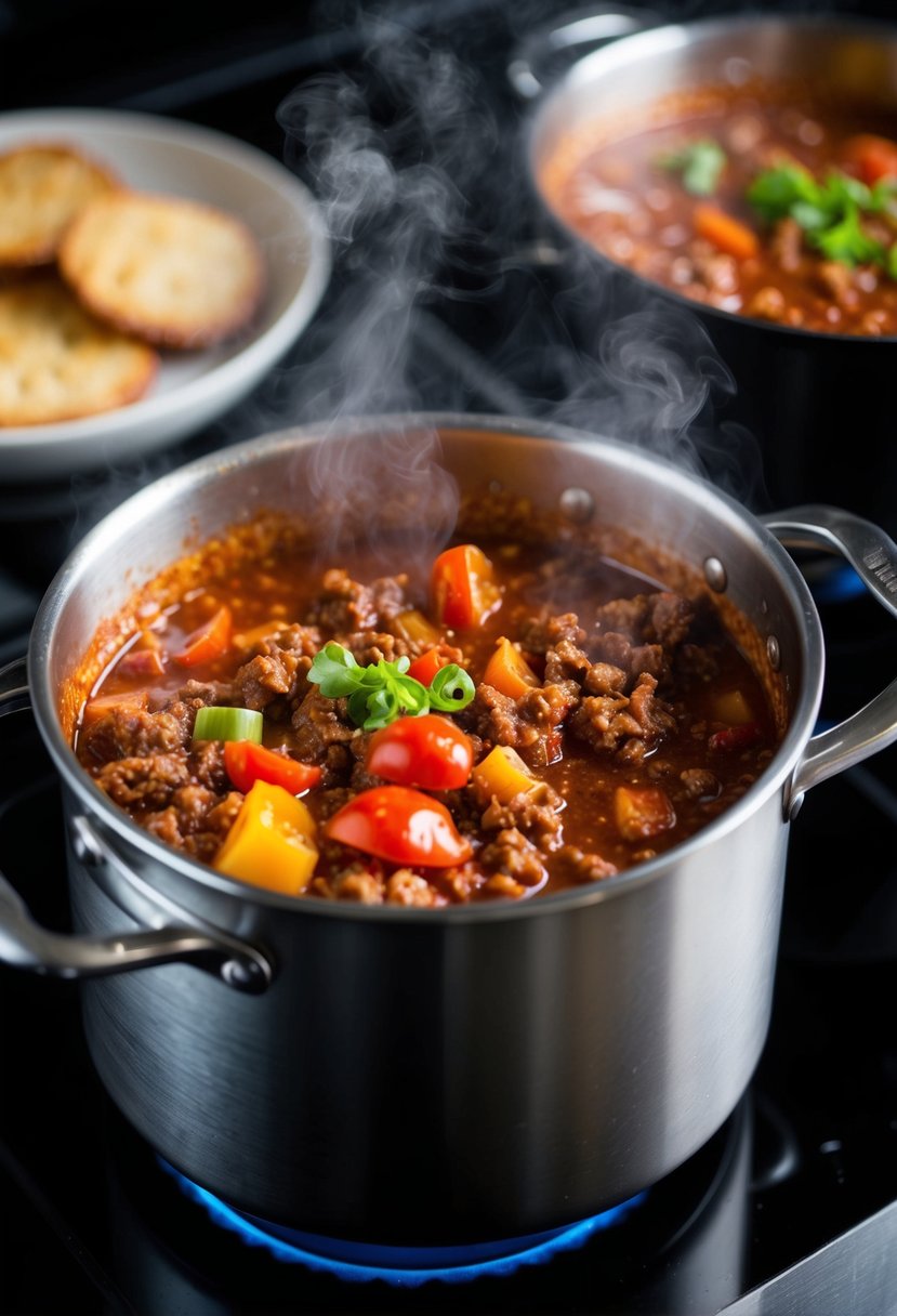 A pot of keto chili simmers on the stove, filled with ground beef, tomatoes, and colorful vegetables. Steam rises from the hearty, flavorful dish