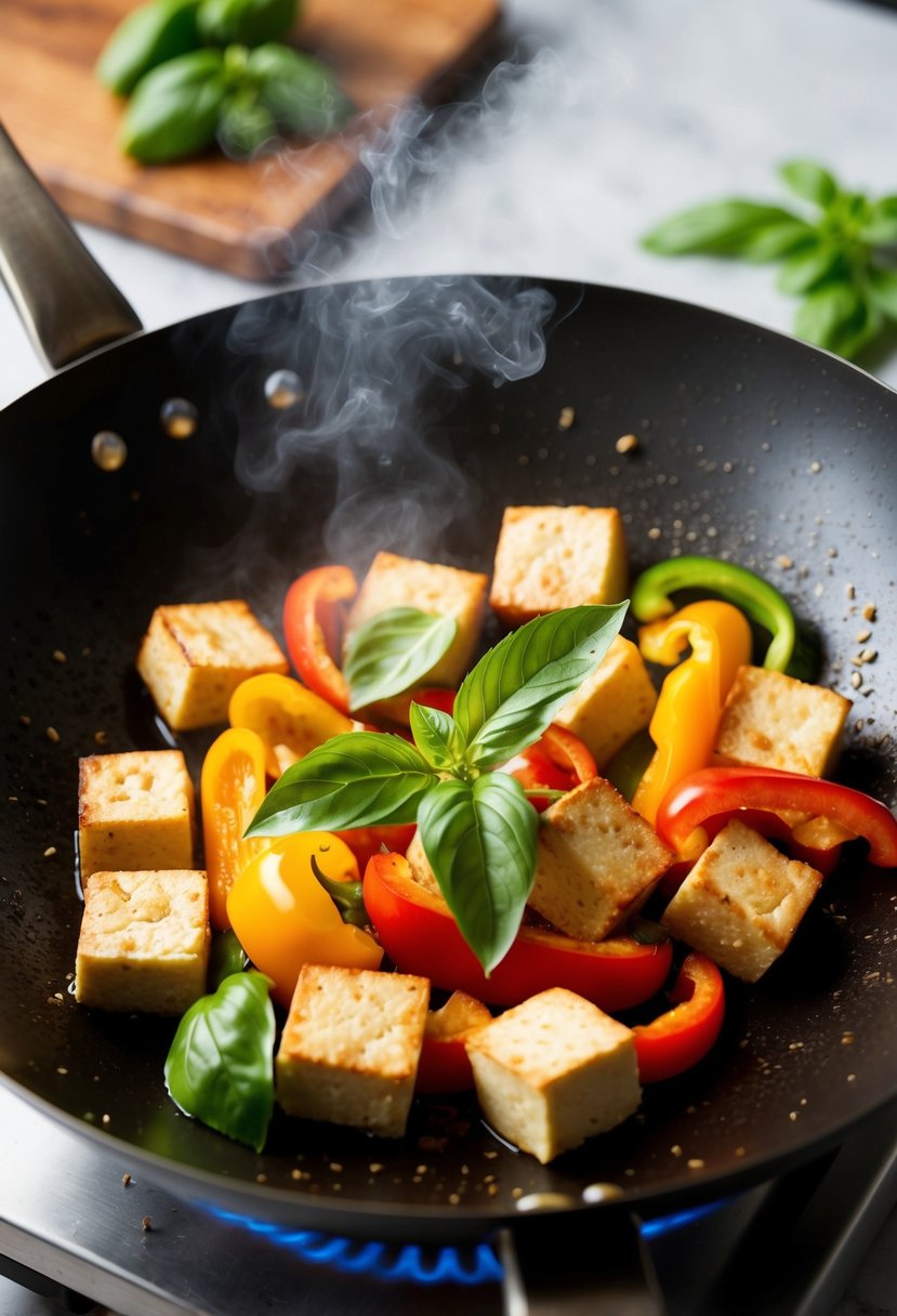 A sizzling wok stir-frying cubes of tofu, colorful bell peppers, and fresh Thai basil leaves, emitting a fragrant aroma