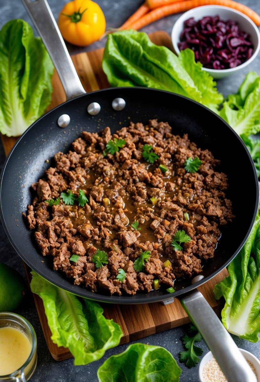 A sizzling pan of ground beef surrounded by vibrant green lettuce leaves and various keto-friendly ingredients