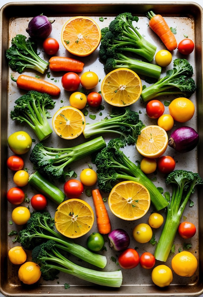 A variety of colorful vegetables arranged on a baking sheet, coated in a citrus herb marinade, ready to be roasted