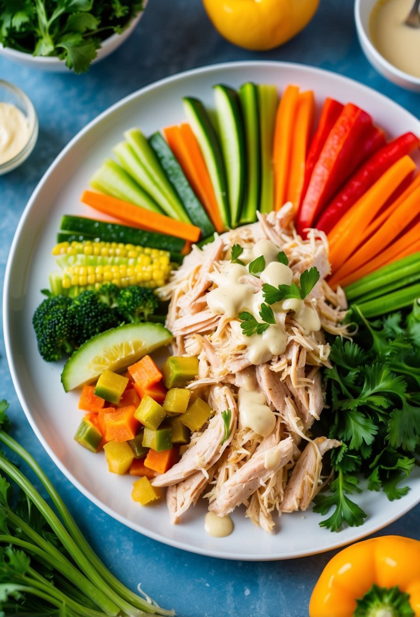 A colorful array of fresh vegetables and tender shredded chicken, arranged on a plate with a light, flavorful sauce drizzled on top