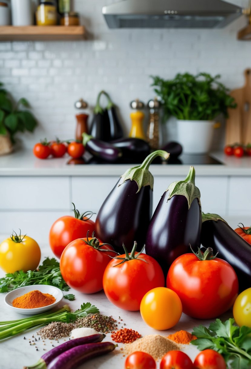 A colorful array of whole eggplants and ripe tomatoes, surrounded by vibrant spices and herbs, sit on a clean kitchen counter