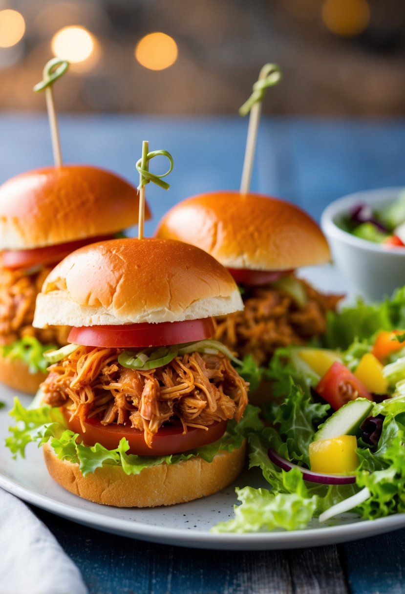 A platter of BBQ pulled chicken sliders with lettuce and tomato garnish, served alongside a side of fresh, colorful salad