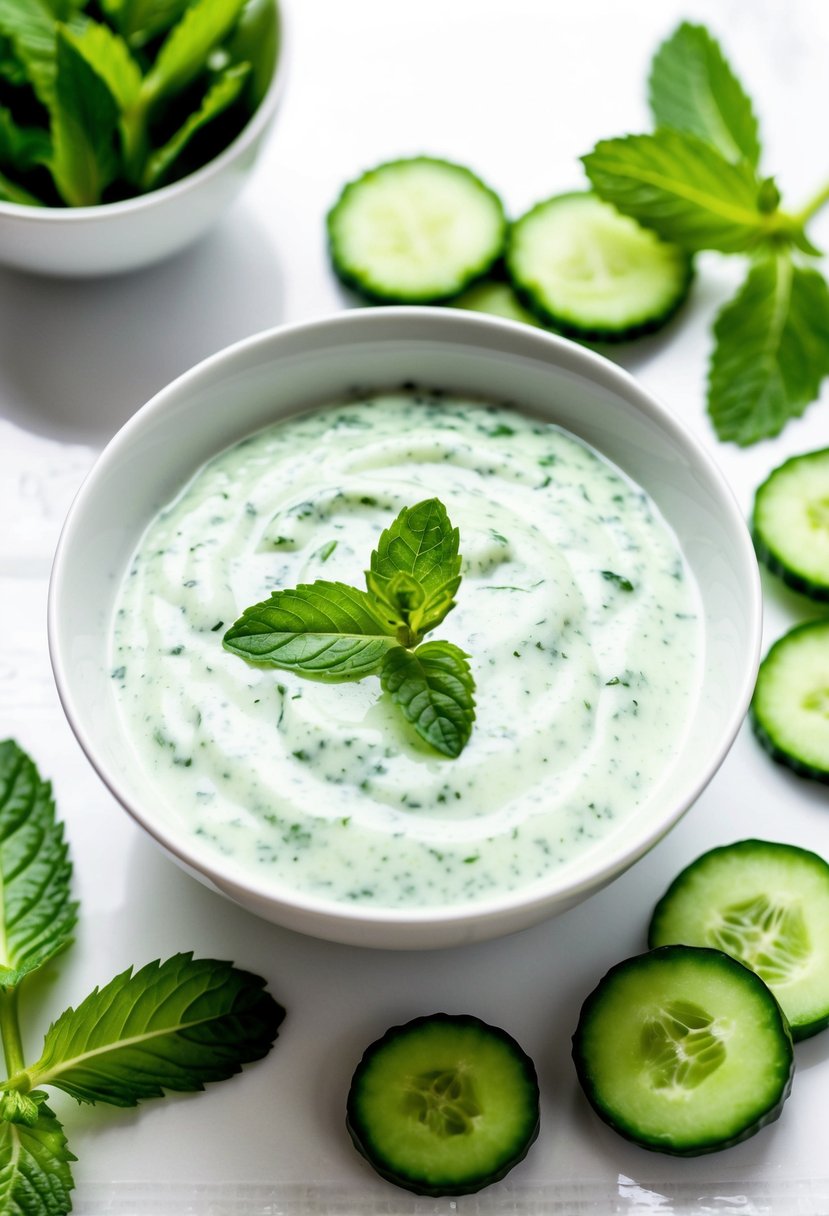 A bowl of cucumber mint raita surrounded by fresh cucumber slices and mint leaves on a white table