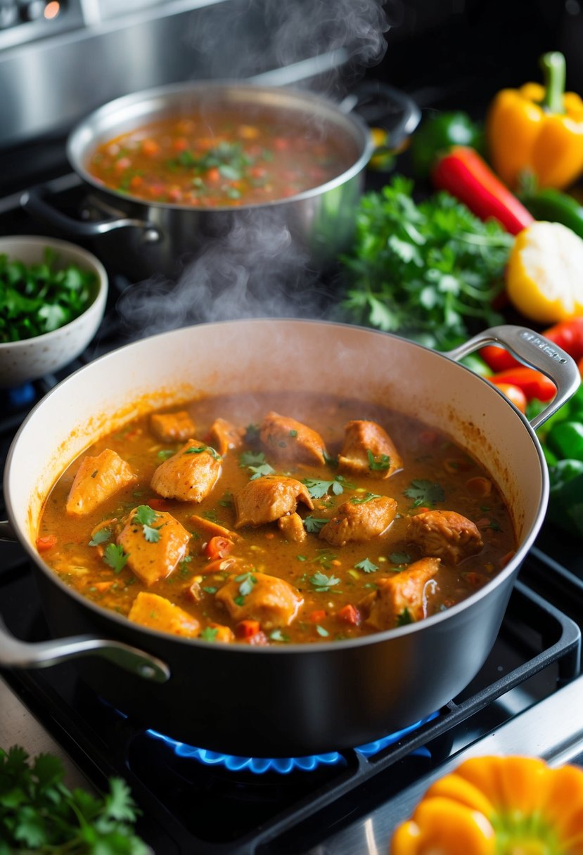 A steaming pot of spicy Mexican chicken stew simmering on a stove, surrounded by vibrant vegetables and herbs