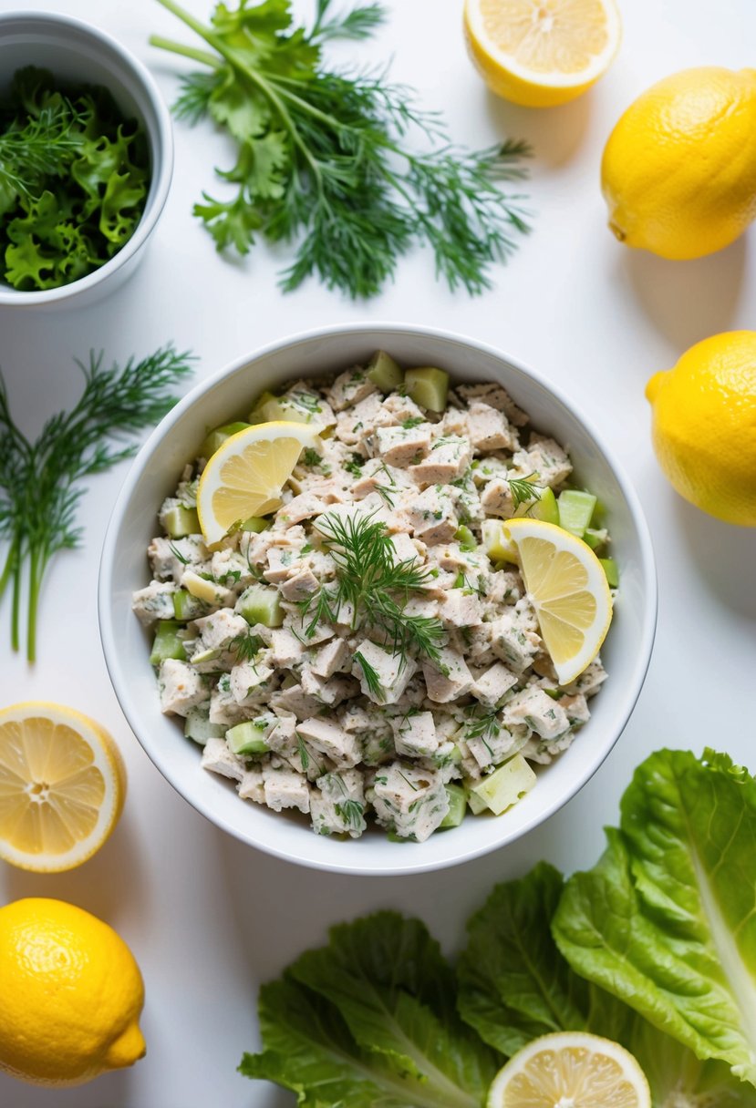 A bowl of lemon dill tuna salad surrounded by fresh ingredients like lemons, dill, and lettuce on a clean, white background