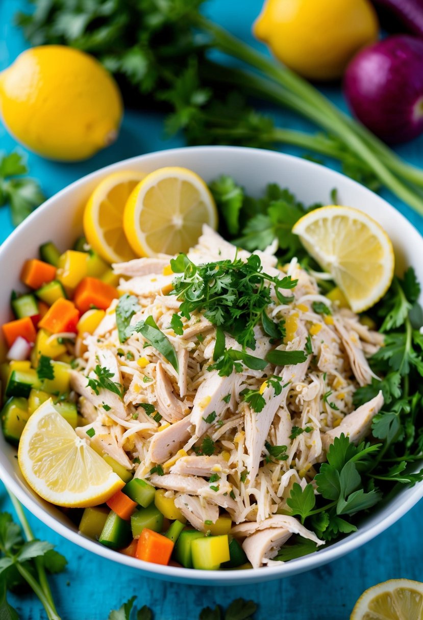 A colorful bowl filled with shredded chicken and fresh herbs, mixed with lemon dressing, surrounded by vibrant vegetables and fruits