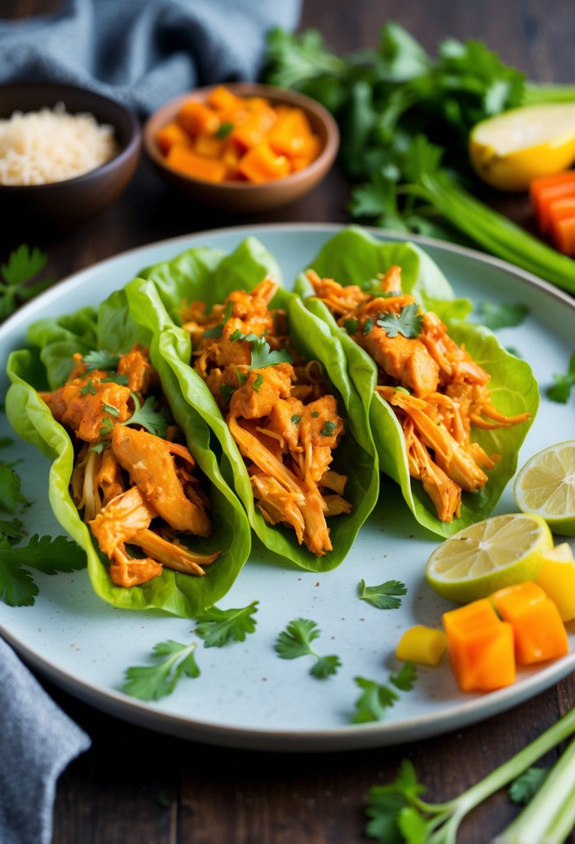 A plate of lettuce wraps filled with shredded buffalo chicken, surrounded by colorful vegetables and herbs