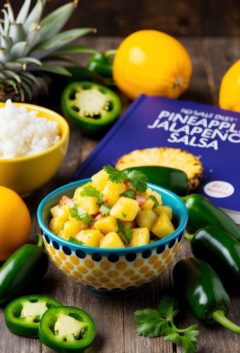 A vibrant bowl of pineapple jalapeño salsa surrounded by fresh ingredients and a no salt diet recipe book