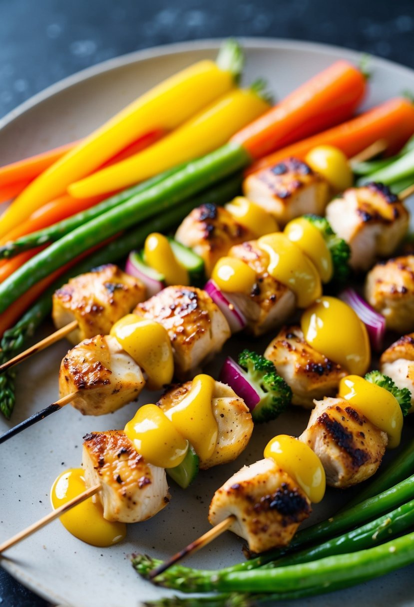 Skewers of grilled chicken coated in honey mustard sauce, surrounded by colorful vegetables on a plate