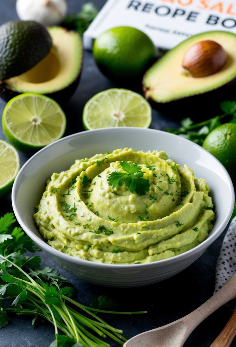 A bowl of zesty lime avocado dip surrounded by fresh ingredients like avocados, limes, and herbs, with a no salt diet recipe book in the background